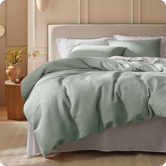 Bedsure Cotton Duvet Cover King Size - 100% Cotton Waffle Weave Sage Green Duvet Cover, PureWoven Textured Breathable Bedding Comforter Cover for All Season, 1 Duvet Cover Only 104"x90"