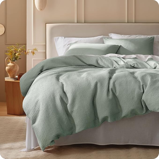 Bedsure Cotton Duvet Cover Queen Size - 100% Cotton Waffle Weave Sage Green Duvet Cover, PureWoven Textured Breathable Bedding Comforter Cover for All Season, 1 Duvet Cover Only 90"x90"