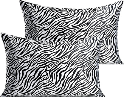 NTBAY 2 Pack Satin Queen Pillowcases for Hair and Skin, Luxurious and Silky Zebra Printed Pillow Cases with Envelope Closure, 20x30 Inches, Black and White