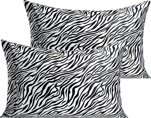 NTBAY 2 Pack Satin Queen Pillowcases for Hair and Skin, Luxurious and Silky Zebra Printed Pillow Cases with Envelope Closure, 20x30 Inches, Black and White