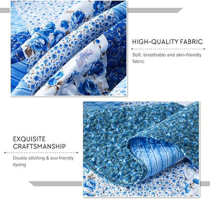 Travan Bedspread Quilt Sets 3-Piece Lightweight Coverlet Set with Shams Reversible Quilted Bedding Set, Blue Floral Patchwork, Queen Size
