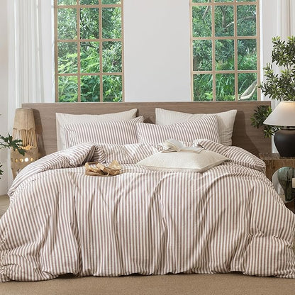 MooMee Striped Duvet Cover Set 100% Washed Cotton Linen Like Textured Breathable Durable Soft Comfy (Orange Classic Stripes, Super Queen 90"x98")