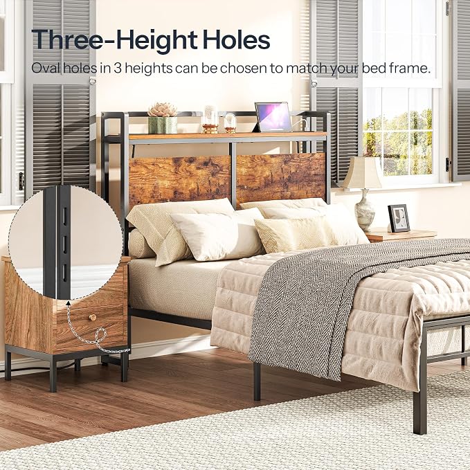HOOBRO Headboard Full Size, Headboard with 2 Outlets and 4 USB Ports, Adjustable Height, Storage Rack, Sturdy and Stable, Easy Assembly, Rustic Brown and Black