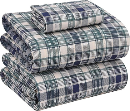 RUVANTI 100% Cotton Sheets – Twin XL Size Percale Bedding, Cooling & Breathable Floral Design, Durable with a Crisp, Soft & Comfortable Feel, 16" Deep Pocket, 3-Piece Set, Greenish Blue Plaid