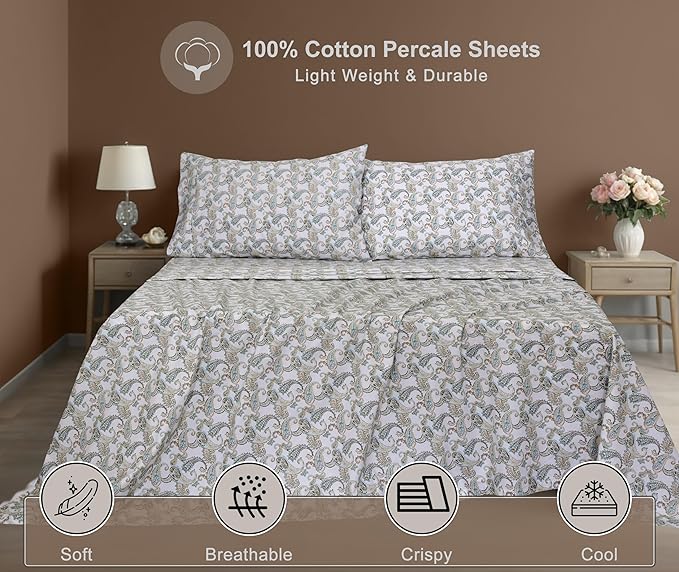 ZOYER 100% Cotton Sheets – California King Percale Bedding, Cooling & Breathable, Durable with a Crisp, Soft & Comfortable Feel, 14" Deep Pocket, 4-Piece Set, Paisley Ornamental