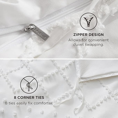 Bedsure Boho Duvet Cover Queen Size - White Breathable & Soft Boho Bedding, Machine Washable Comforter Cover for All Seasons, Includes 1 Duvet Cover 90"x90" with 2 Pillow Shams & Zipper Closure