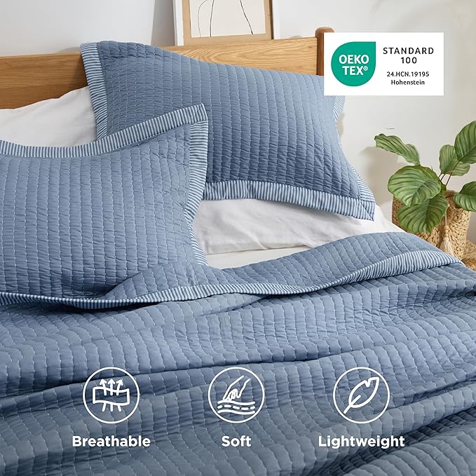 Bedsure Blue Quilts Queen Size - Queen Quilt Bedding Set Bedspread Coverlet, Lightweight Corduroy Pattern Bedspread, 3-Piece Set with 90"x96" Coverlet & 2 Pillow Shams, All-Season Soft Microfiber