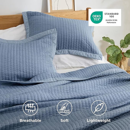 Bedsure Blue Quilts Queen Size - Queen Quilt Bedding Set Bedspread Coverlet, Lightweight Corduroy Pattern Bedspread, 3-Piece Set with 90"x96" Coverlet & 2 Pillow Shams, All-Season Soft Microfiber