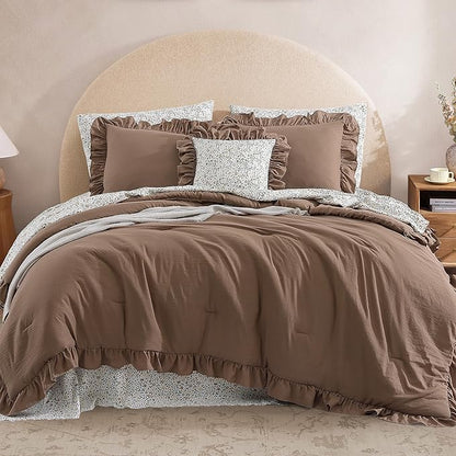 California King Comforter Set - 7 Pieces Ruffle Amber Brown Bedding Sets, Shabby Chic Farmhouse Bed in a Bag with Ruffle Comforter, Floral Sheets, Pillowcases & Shams