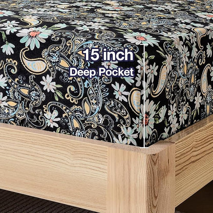 JSD Black Paisley Floral Printed Sheet Set King Size 6 Piece, Soft Pattern Microfiber Bed Sheets Extra Deep Pocket