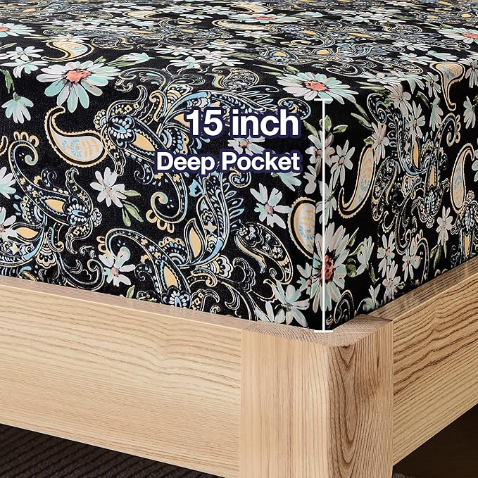 JSD Black Paisley Floral Sheet Set Queen Size 6 Piece, Printed Pattern Soft Microfiber Bed Sheets Extra Deep Pocket