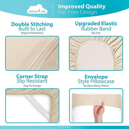 DREAMCARE Twin XL Sheets - 4 PCS Set - up to 21 inches - 2500 Supreme Collection - Superior Softness - Hotel Luxury Sheets & Pillowcases Set - Wrinkle and Fade Resistant (Twin XL, Beige)