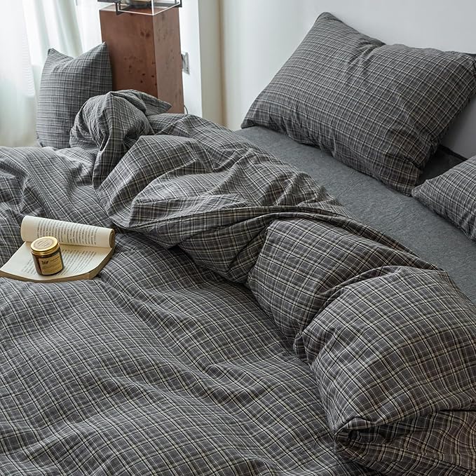 Plaid King Size Duvet Cover Grey Washed Cotton King Comforter Cover Patterned Soft Checkered Boho Duvet Cover Set with Hidden Zipper Vintage Cute Bedding Set Farmhouse Duvet Protector