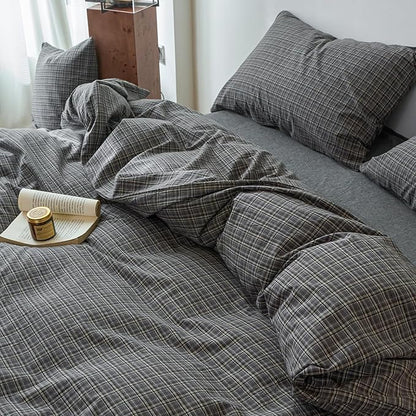 Plaid Queen Size Duvet Cover Grey Washed Cotton Comforters Queen Size Cover Patterned Soft Checkered Boho Duvet Cover Set with Hidden Zipper Vintage Cute Bedding Set Farmhouse Duvet Protector
