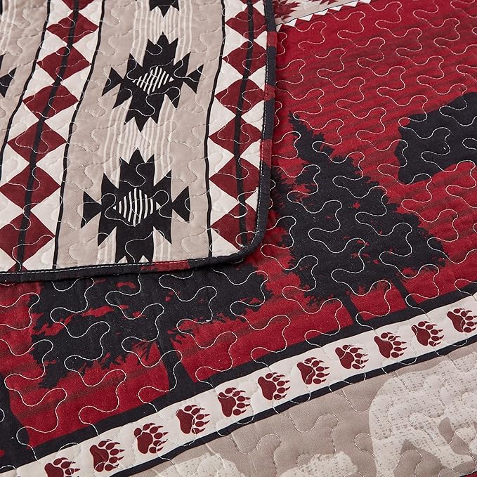 Virah Bella 3 Piece King Cabin Quilt Bedding Set - Creekside Bear - Rustic Country Reversible Patchwork Comforter Set with Decorative Pillow Shams