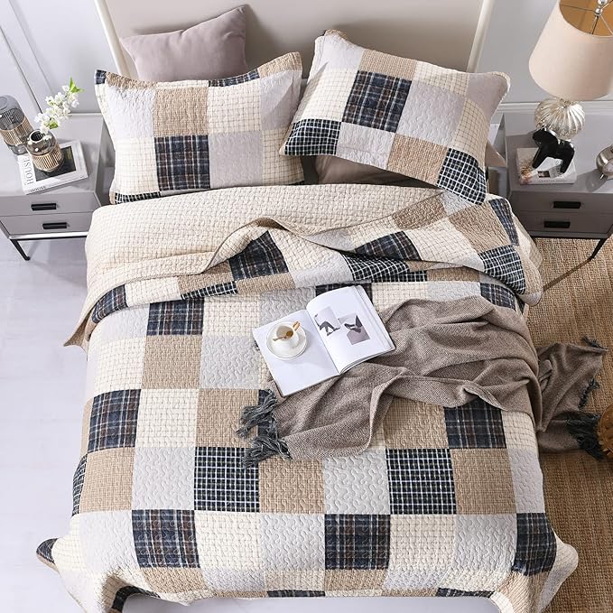 PANGUSHAN Quilts Set Queen Size,100% Cotton Quilt,Patchwork Plaid Queen Quilt Bedding Set Bedspread,Farmhouse Rustic Lightweight Comforter for Queen Bed,Cream/Brown/Blue-Black/Off-White Bed Spread