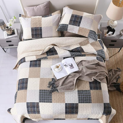 PANGUSHAN Quilts Set Queen Size,100% Cotton Quilt,Patchwork Plaid Queen Quilt Bedding Set Bedspread,Farmhouse Rustic Lightweight Comforter for Queen Bed,Cream/Brown/Blue-Black/Off-White Bed Spread