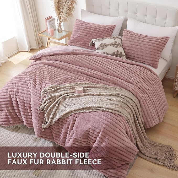 Smoofy Fluffy Twin Comforter Sets 2 Pieces - Old Pink Fleece Fluffy Comforter Set, Luxury Fuzzy Twin Bedding Set, Soft Warm Comforter All Season, Heavy Faux Fur Comforter with Pillow Cases