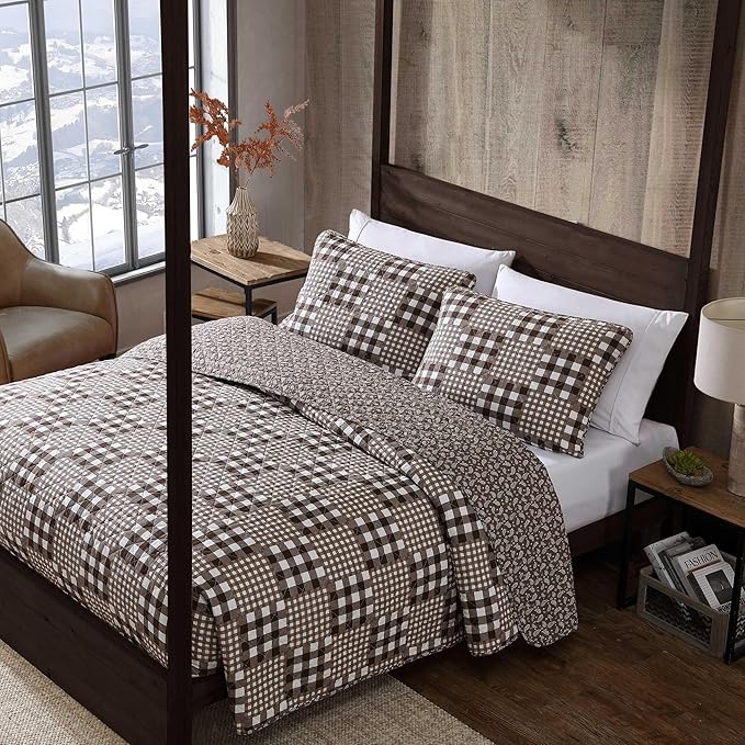 Eddie Bauer - Full/Queen Quilt Set, Reversible Bedding with Matching Shams, Patchwork Luxurious Bedding Set (Gingham Patchwork Brown, Full/Queen)