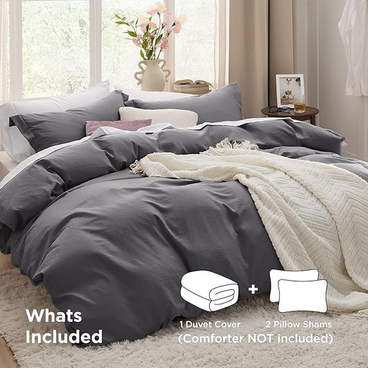 Bedsure Dark Grey Duvet Cover King Size - 3 Pieces Prewashed Cotton-Like Polyester Extra Soft Bedding Set, Includes 1 Duvet Cover 104x90 Inches with Zipper Closure & 2 Pillow Shams, No Comforter