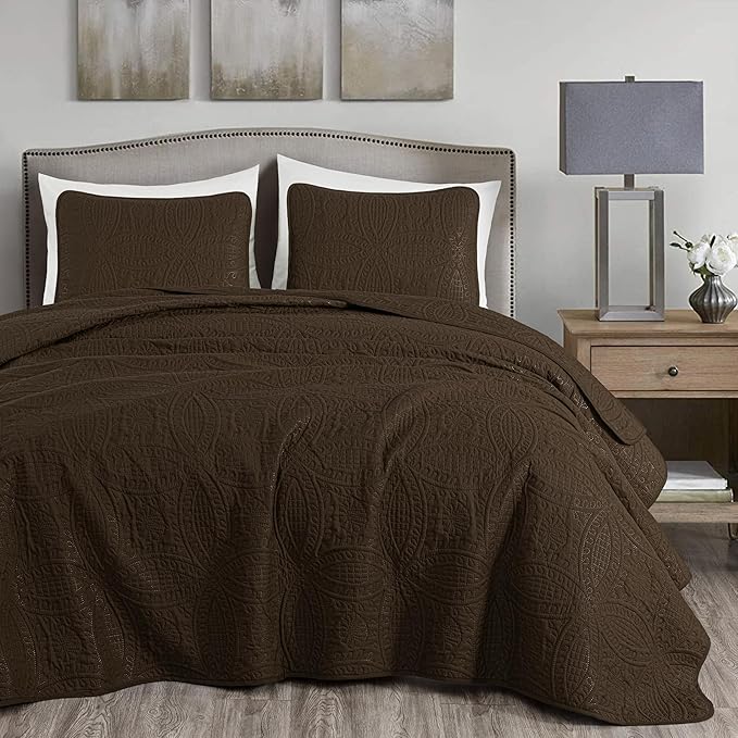 Chezmoi Collection Austin 3-piece Oversized Bedspread Coverlet Set (King, Chocolate) | Oversized, Lightweight, Fade Resistant