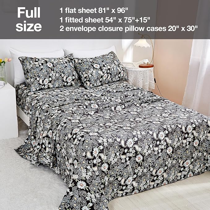 JSD Black Paisley Floral Printed Sheet Set Full Size, 4 Piece Soft Pattern Microfiber Sheets Extra Deep Pocket