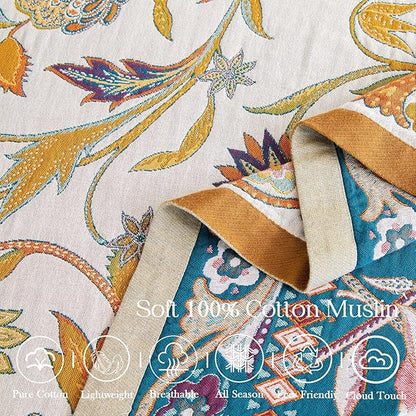 Fall Throw Blanket for Couch, Brown Boho Decorative Throw Blanket, 100% Cotton Muslin Breathable Woven Farmhouse Blankets Quilt, 80"x90" Reversible Lightweight Blankets Bohemian Throw Quilt