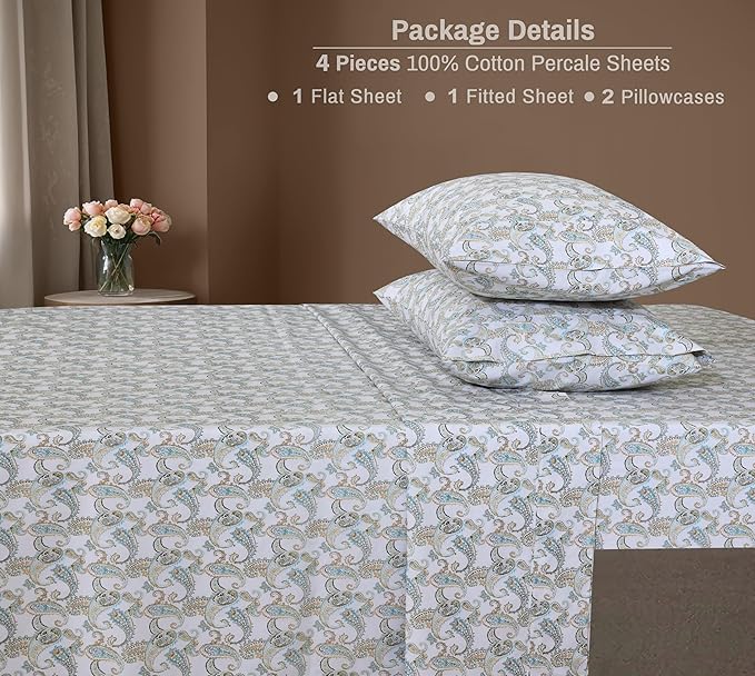 ZOYER 100% Cotton Sheets – Full Size Percale Bedding, Cooling & Breathable, Durable with a Crisp, Soft & Comfortable Feel, 16" Deep Pocket, 4-Piece Set, Paisley Ornamental
