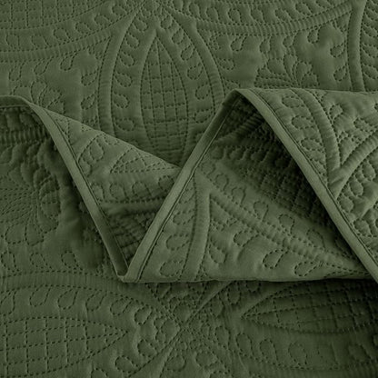 Chezmoi Collection Austin Queen Oversized Bedspread Set, 3-Piece Pinsonic Quilted Lightweight Microfiber Bedspread Coverlet, Olive Green | Oversized, Lightweight, Fade Resistant