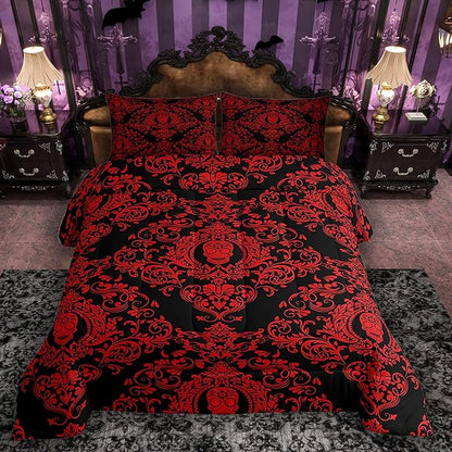 Feelyou Adults Red Vintage Damask Floral Comforter Set Oriental Antique Comforter Twin Size Gothic Bohemia Boho Bedding Set Exotic Sugar Skull Duvet Set Quilt Set 2Pcs