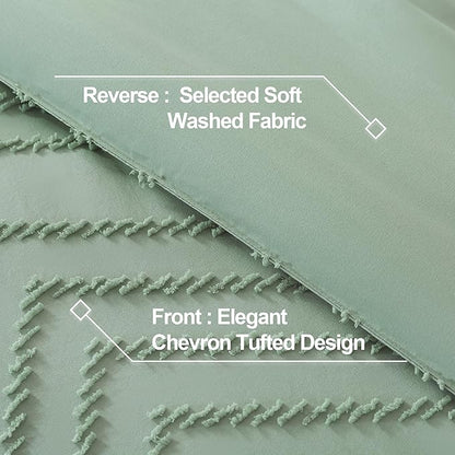 Andency Sage Green Comforter Full, Boho Soft Fluffy Warm Lightweight Bedding Comforter Sets for Full Bed, 3 Pieces Light Green Chevron Tufted Aesthetic Microfiber Lightweight Comforter Set