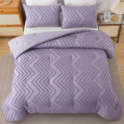 Andency Purple Comforter Set King Size, Boho Girls Women Lavender Soft Fluffy Warm Lightweight Bedding Comforter Sets for King Bed, 3 Pieces Chevron Tufted Aesthetic Microfiber Comforter Set