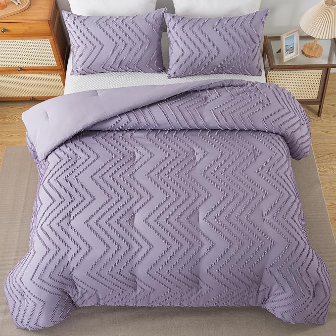 Andency Purple Comforter Set Full Size, Boho Girls Women Lavender Soft Fluffy Warm Lightweight Bedding Comforter Sets for Full Bed, 3 Pieces Chevron Tufted Aesthetic Microfiber Comforter Set
