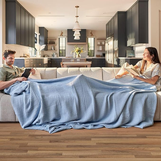 Bedsure Gentlesoft 100% Cotton Throw Blanket for Couch 50x70 inches - Cooling Breathable and Soft for Spring Summer, Waffle Weave Throw Blanket for Office, Sky Blue