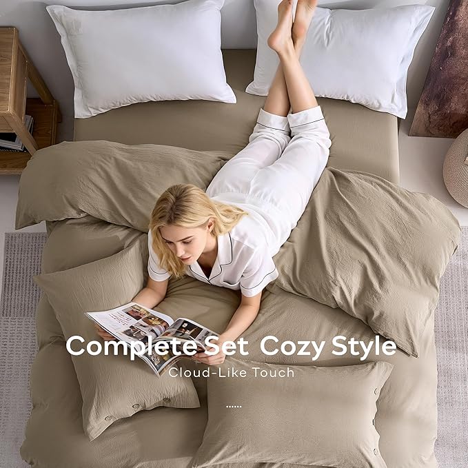 JELLYMONI 100% Washed Cotton Duvet Cover Full – Soft, Breathable Linen-Look Bedding with Natural Wrinkle Texture, Button Closure, 3-Piece Set (Dusty Khaki, 80"x90")