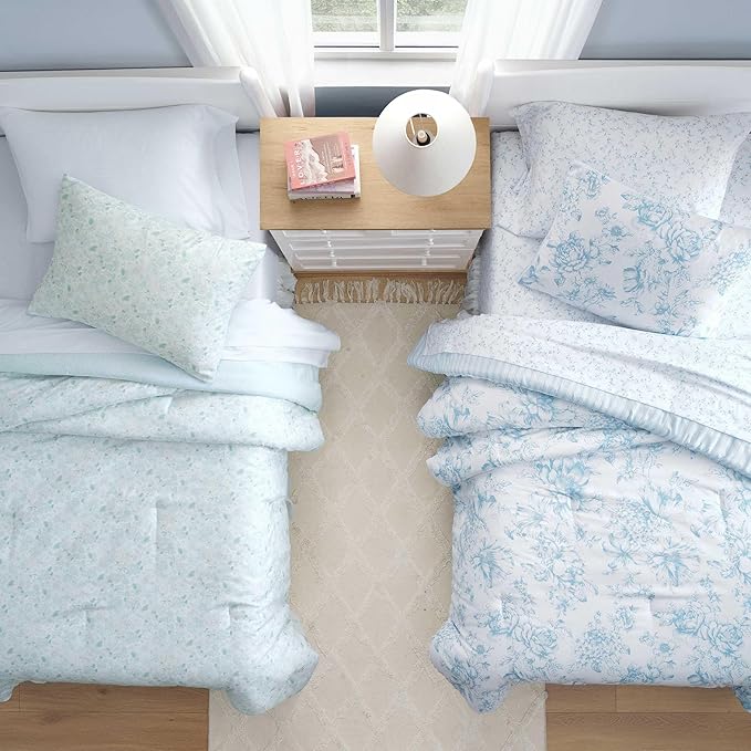 Laura Ashley - Twin Comforter Set, Soft & Reversible Floral Bedding with Bonus Bed Sheets & Pillowcases, 5 Piece Bed Set for Year Round Comfort (Quartet Jaynie Ticking/Stripe Blue)