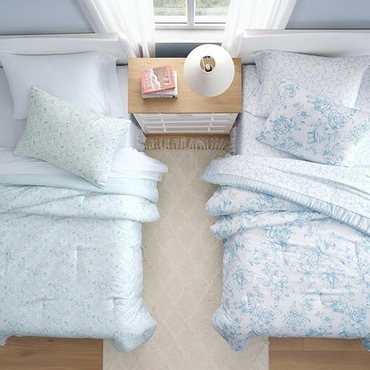 Laura Ashley - Twin Comforter Set, Soft & Reversible Floral Bedding with Bonus Bed Sheets & Pillowcases, 5 Piece Bed Set for Year Round Comfort (Quartet Jaynie Ticking/Stripe Blue)