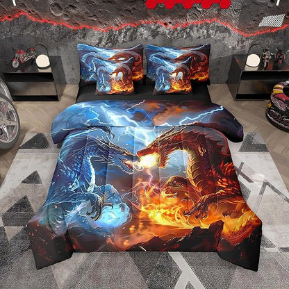 Feelyou Medieval Dragon Comforter Set 7 Pieces Full Size Lightning Fire Pattern Bedding Set for Boys Girls Ancient Wildlife Bed in a Bag with Comforter, Sheets, Pillowcases & Cushion Covers