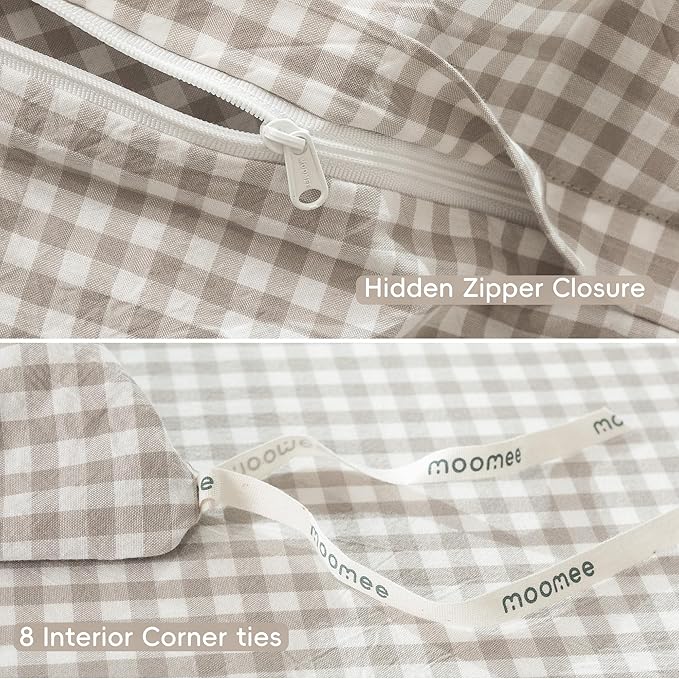 MooMee Gingham Duvet Cover Set 100% Washed Cotton Linen Like Textured Breathable Durable Soft Comfy Modern Checkered Design (Mini Gingham Tannish Linen Grey, King 104"x90")