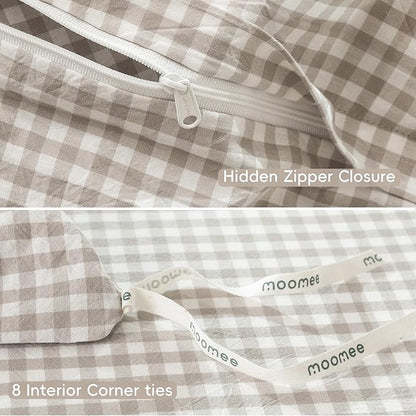 MooMee Gingham Duvet Cover Set 100% Washed Cotton Linen Like Textured Breathable Durable Soft Comfy Modern Checkered Design (Mini Gingham Tannish Linen Grey, Oversized Full 82"x86")