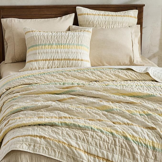 Wonderful 100% Cotton Quilt Set Queen Size Striped Fall Bedding, Natural Dyed Cozy & Breathable Coverlet, Soft Pre-Washed Bedspread (Light Yellow/Green)