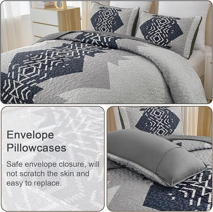 Dintszyayue Queen Size Quilt Set,3 Pieces Boho Bedspread Aztec Texture Quikted Coverlet Set Navy Blue Bedding Sets Geometric Pattern Microfiber Bed Cover for All Season(Navy,90"x96")