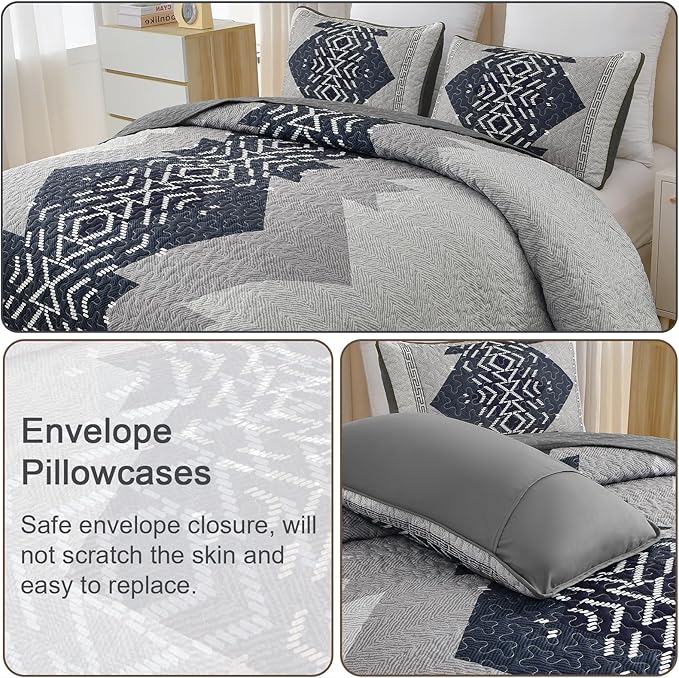 Dintszyayue King Quilt Set Boho,3 Piece Navy Bedding Coverlet Set Aztec Texture Bedspread Soft Lightweight Quilted Coverlet Set Reversiber Microfiber Bed Cover for Season(Navy,90"x103")