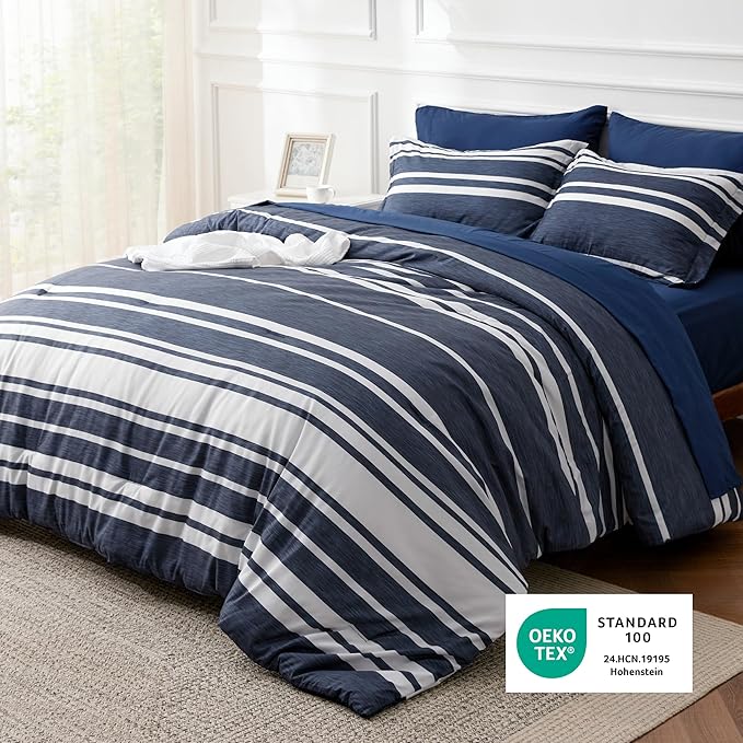 Bedsure Twin XL Comforter Set 5 Pieces, Blue Striped Bedding Set for All Seasons, Reversible, Cationic Dyeing Bed in a Bag with Comforter, Sheets, Pillowcase & Sham
