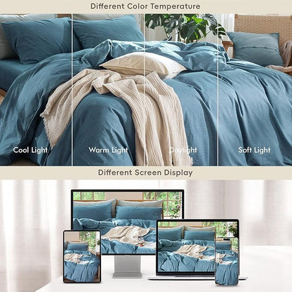 MooMee Bedding Duvet Cover Set 100% Washed Cotton Linen Like Textured Breathable Durable Soft Comfy (Heathered Peacock Blue, Palatial King/Oversized King 120"x98")