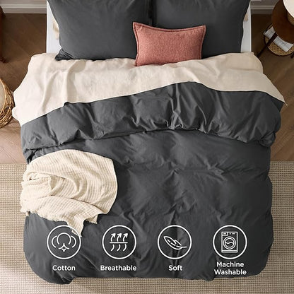 Bedsure 100% Washed Cotton Duvet Cover Oversized King - Charcoal Minimalist Bedding Set Linen Like - PureWoven Plain Simple & Soft Comforter Cover for All Seasons (Charcoal, Oversized King, 120"x98")