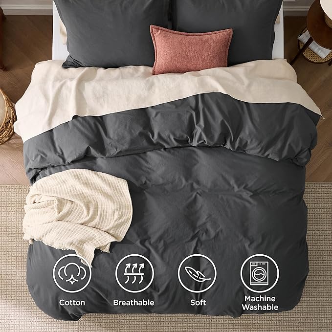 Bedsure 100% Washed Cotton Duvet Cover Cal King - Charcoal Minimalist Bedding Set Linen Like - PureWoven Plain Simple & Soft Comforter Cover for All Seasons (Charcoal, California King, 104"x98")