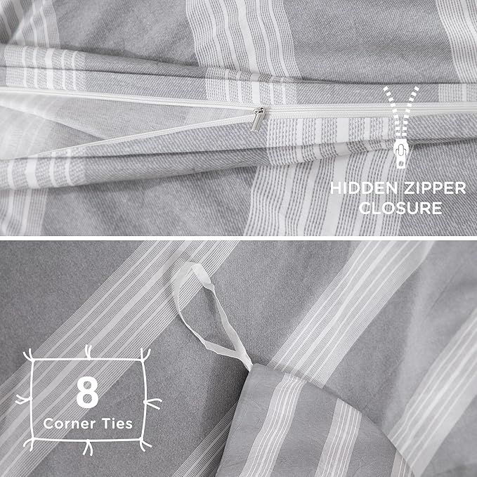 TOCOMOA Striped Duvet Cover Set 100% Natural Cotton Soft Comfy Breathable 3 Piece Light Grey and White Pattern Printed Comforter Cover Bedding Set (King 104"x90", Comforter Not Included)