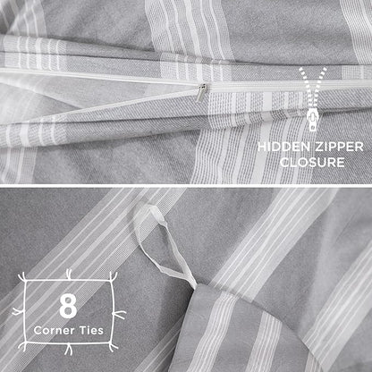 TOCOMOA Striped Duvet Cover Set 100% Natural Cotton Soft Comfy Breathable 3 Piece Light Grey and White Pattern Printed Comforter Cover Bedding Set (Queen 90"x90", Comforter Not Included)