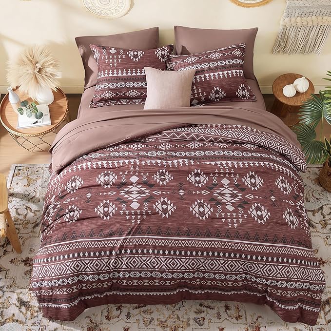 Geniospin Queen Comforter Set - 7 Pieces Bedding Set, Boho Bed in A Bag, Lightweight Soft Aztec Bedding, All Season Bed Comforter Set with Sheets, Pillowcases & Shams